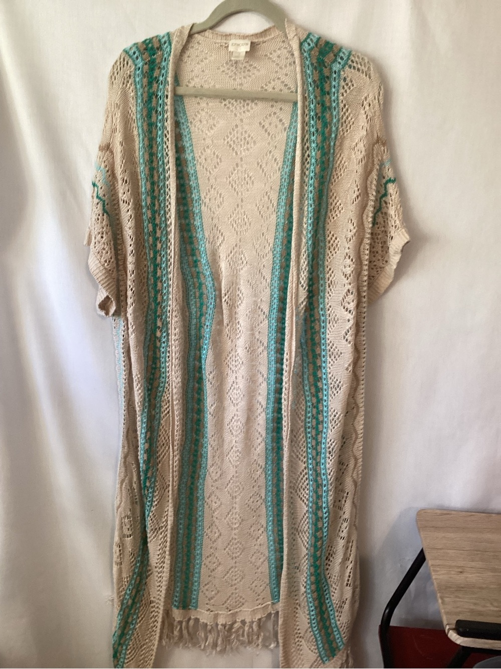 Chico's Cream Open-Knit Maxi Cardigan with Teal Stripes